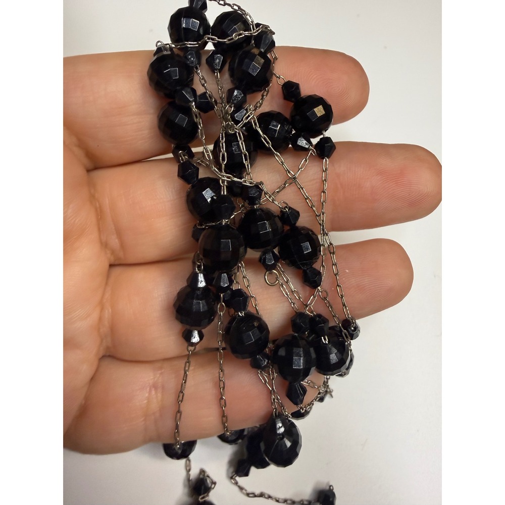 Vintage Black Faceted Glass Bead Long Flapper Station Necklace Silver Tone 52 In